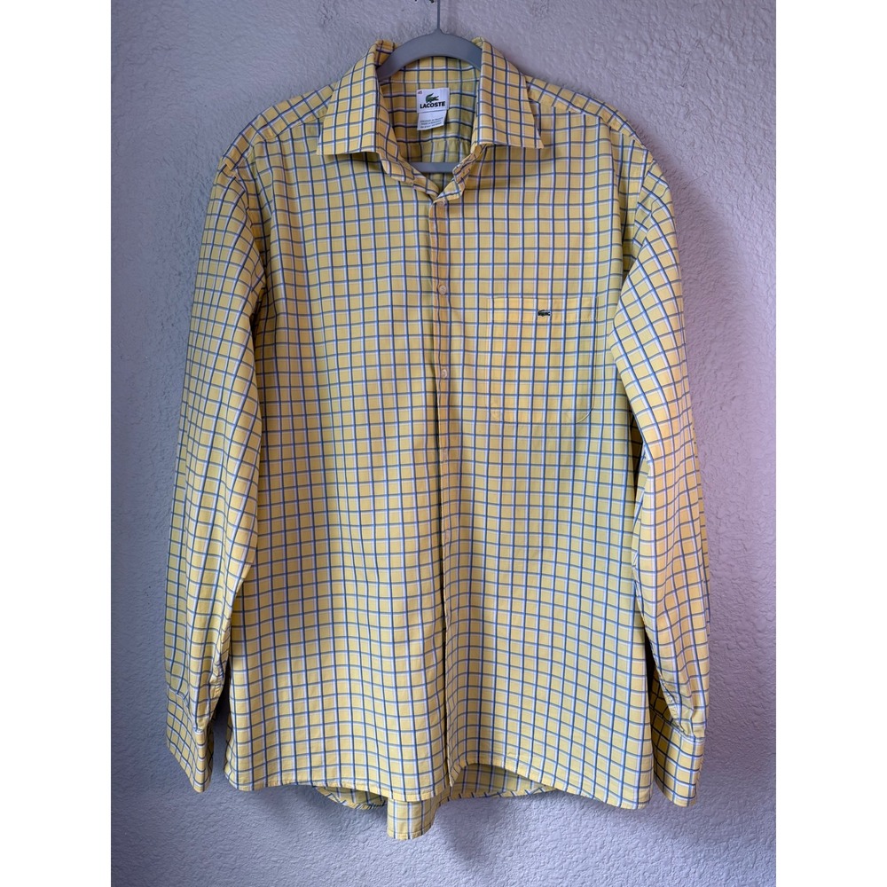 Lacoste Yellow Windowpane Button Down Shirt Long Sleeve Cotton Size 45 XL
